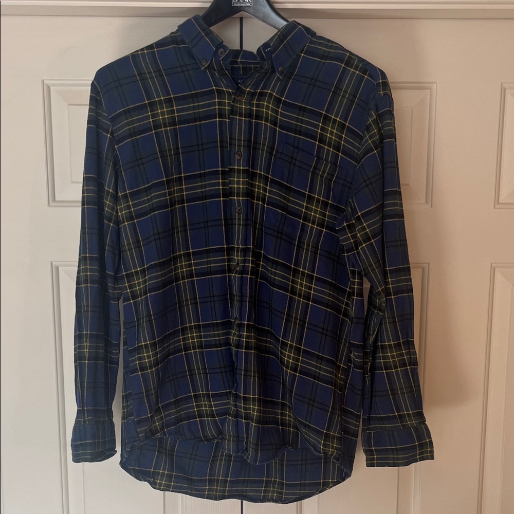 Men's Navy Blue and Yellow Plaid Shirt - Saddlebred - Large